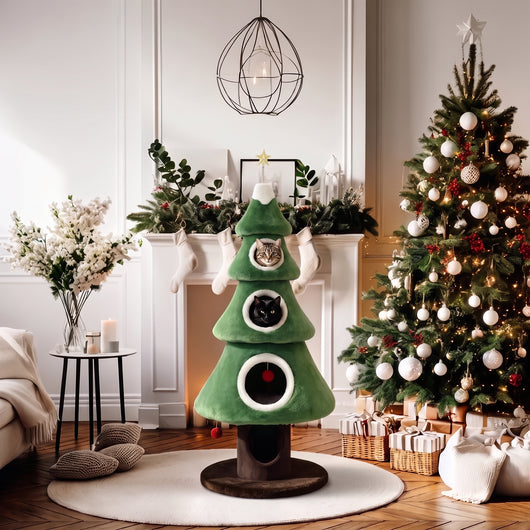Christmas Tree Cat Tower in a festive living room