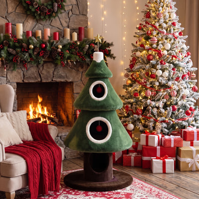 Christmas Tree Cat Tower by the fireplace