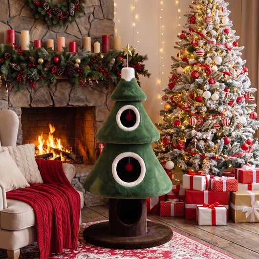 Christmas Tree Cat Tower by the fireplace