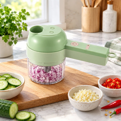 4-in-1 Electric Vegetable Cutter with diced onion