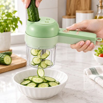 Slicing cucumber with the electric vegetable cutter