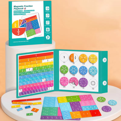 Magnetic Fraction Playbook open with fraction bars and circles