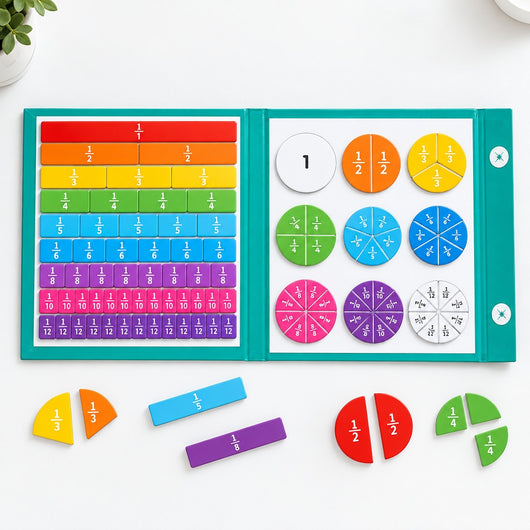 Open book with loose magnetic fraction pieces