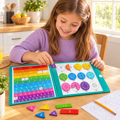Girl learning fractions with the magnetic book