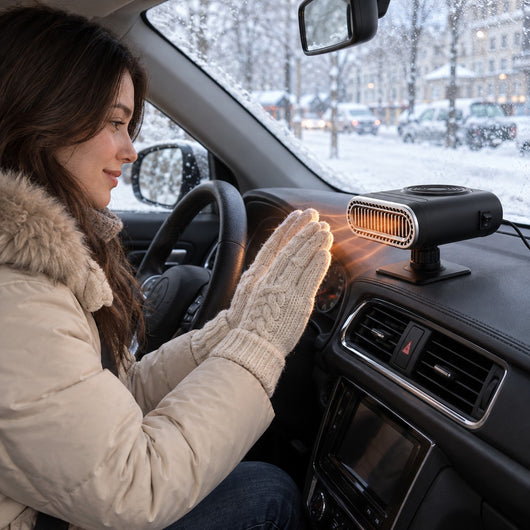 Driver warming her hands at the Portable Car Heater