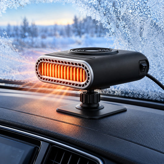 Portable Car Heater on the dashboard, glowing warm on a winter morning